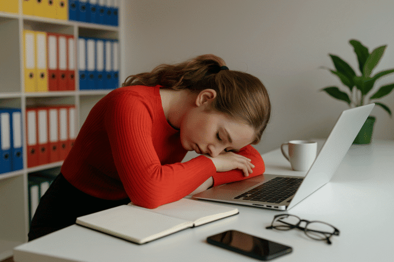 slaaptekort meisje bureau slaap gevallen op laptop