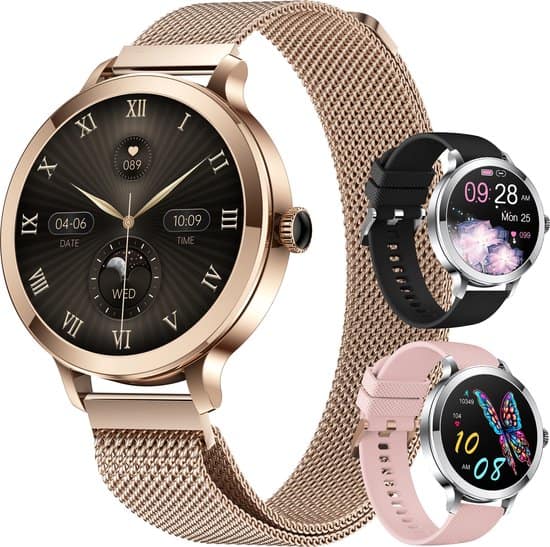 Golden Sound AMOLED Smartwatch Dames - 3 extra bandjes - Geschikt voor elke laptop en smartphone - Stappenteller - Slaapmonitor - Saturatiemeter - 40mm