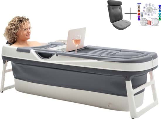 HelloBath® Opvouwbaar bad - XXL Goliath (Comfort) - Donker Grijs - 157cm - Inklapbaar bad - Zitbad voor volwassenen - Bath Bucket - Extra: Luxe Badkussen, Deksels, Badlamp & Opbergtas