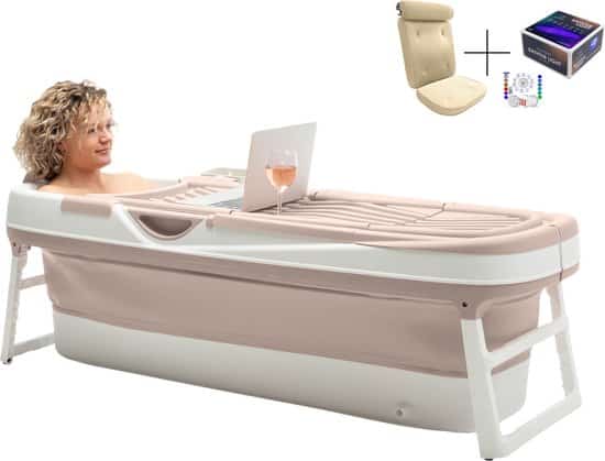 HelloBath® Opvouwbaar bad - XXL Goliath (Comfort) - Zand - 157cm - Inklapbaar bad - Zitbad voor volwassenen - Bath Bucket - Extra: Luxe Badkussen, Deksels, Badlamp & Opbergtas
